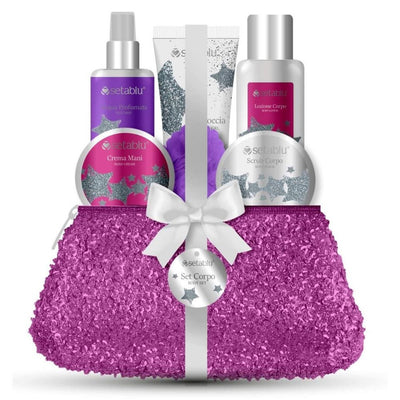 Set Regalo 6pz Acqua Profumata Crema Mani Lozione Scrub Corpo Bagnodoccia Pochette Glitter