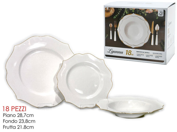 Set Servizio Di Piatti Da Tavola In Porcellana 18pz Design Elegante Con Bordi Smerlati Oro