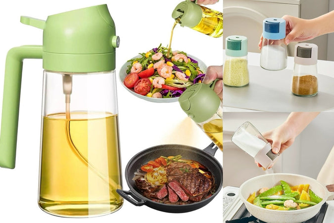 Set Dispenser Dosatore 2 In 1 Oliera Spruzzatore Olio Con 3 Contenitori Condimenti Cucina