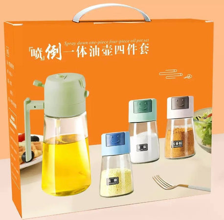 Set Dispenser Dosatore 2 In 1 Oliera Spruzzatore Olio Con 3 Contenitori Condimenti Cucina