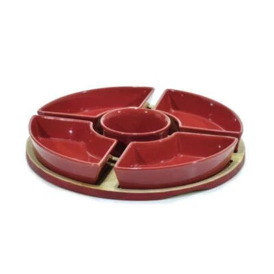 Set Antipastiera Rossa Con 5 Ciotole In Ceramica Vassoio Base In Bamboo ø28cm Snack Salse
