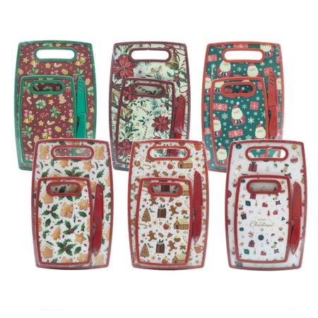Set 2 Taglieri Rettangolari In Mdf Polipropilene Con Coltello Cucina Fantasie Natalizie
