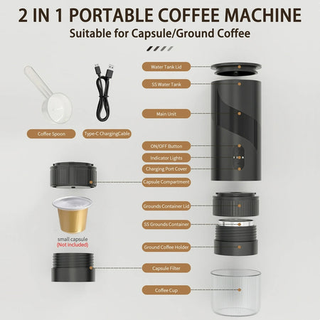 Mini Macchina Per Caffè Espresso Portatile Ricaricabile 20 Bar 2in1 Per Capsule Macinato