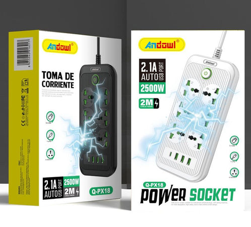 Presa Multipla Di Corrente Con 6 Prese 3 Porte Usb 1 Porta Pd 2500w Con Pulsante Q-px18