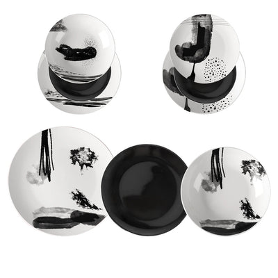 Set Servizio Di Piatti Da Tavola In Porcellana Da 18pz Design Moderno Finiture Bianco Nero