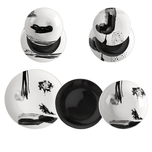 Set Servizio Di Piatti Da Tavola In Porcellana Da 18pz Design Moderno Finiture Bianco Nero