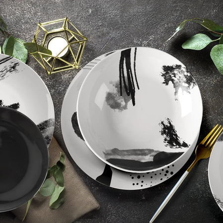Set Servizio Di Piatti Da Tavola In Porcellana Da 18pz Design Moderno Finiture Bianco Nero