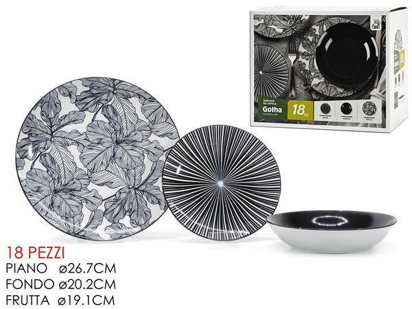 Set Servizio Di Piatti Da Tavola In Porcellana Da 18pz Decori Bianco Nero Moderno Elegante