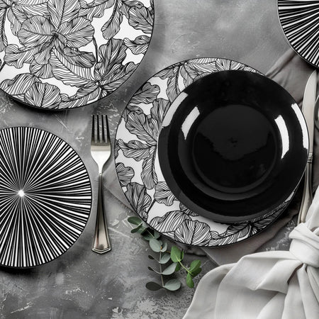 Set Servizio Di Piatti Da Tavola In Porcellana Da 18pz Decori Bianco Nero Moderno Elegante