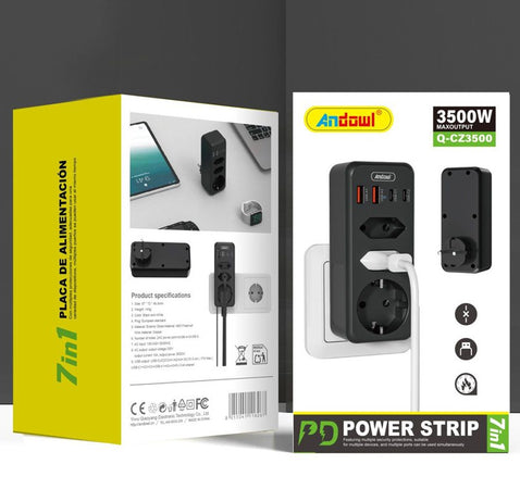 Multipresa Da Parete Multipla 7in1 Con 4 Usb 1 Schuko 2 Spine Eu 3500w Salvaspazio Q-cz3500