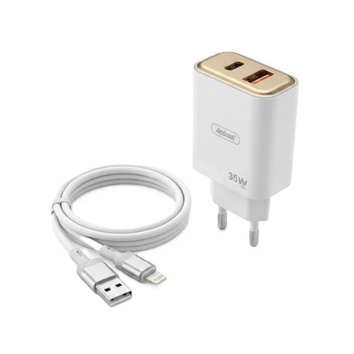 Kit Caricabatterie Da Parete 2 Porte Type-c + Usb Da 35 W Con Cavo Usb A Lightning Q-cd45