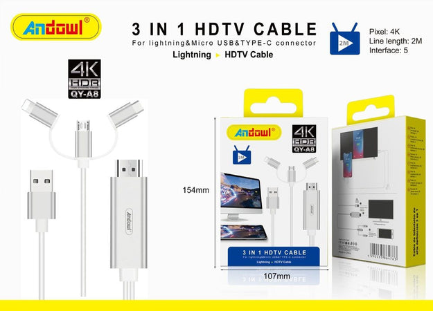 Cavo Hdtv 3in1 Hdmi 4k Hdr Da 2mt Da Usb A Connettori Lightning / Tipo-c / Micro Usb Qy-a8