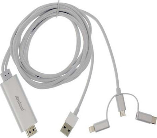 Cavo Hdtv 3in1 Hdmi 4k Hdr Da 2mt Da Usb A Connettori Lightning / Tipo-c / Micro Usb Qy-a8