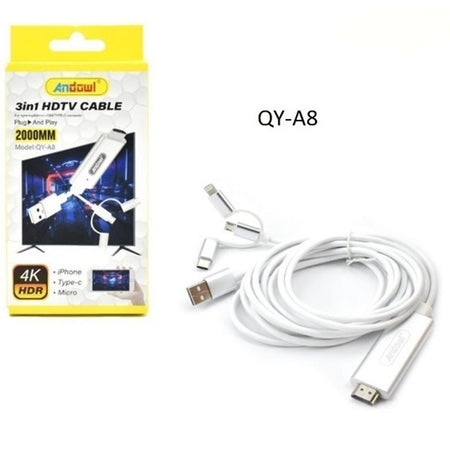 Cavo Hdtv 3in1 Hdmi 4k Hdr Da 2mt Da Usb A Connettori Lightning / Tipo-c / Micro Usb Qy-a8