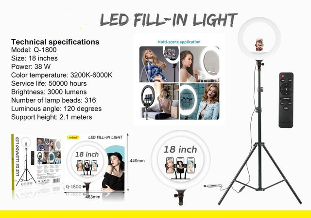 Luce Ad Anello Led Con Staffa Treppiede Telecomando Supporto Smartphone Foto Set Q-1800