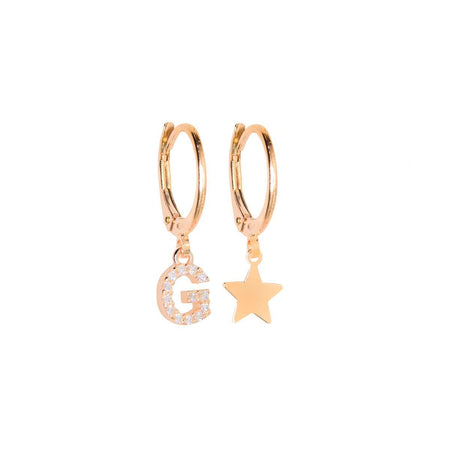 VERSARI - Orecchino con ciondolo iniziale R pavé e orecchino con stellina galvanica oro rosa