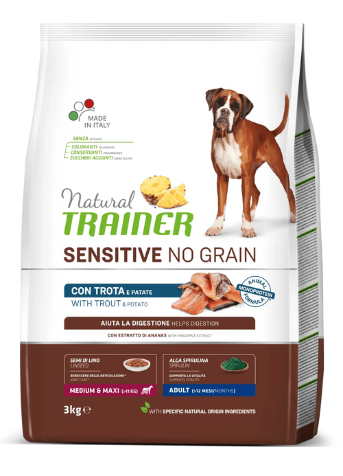 Natural Trainer No Grain mangime secco Cani Adult medium & maxi trota e patate