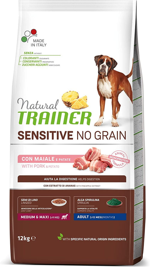 Natural Trainer No Grain mangime secco Cani Adult medium & maxi maiale e patate