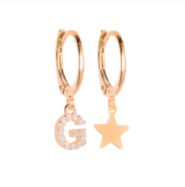 VERSARI - Orecchino con ciondolo iniziale G pavé e orecchino con stellina galvanica oro giallo