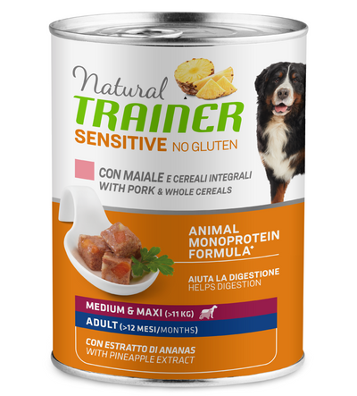 Natural Trainer No Gluten umido Cani Adult medium & maxi maiale e cereali 400 gr