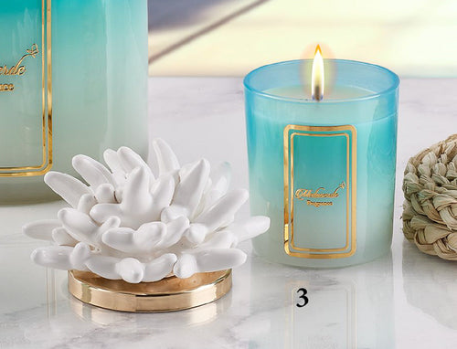 Candela Melaverde Tropicana in ceramica bicolore anemone bianco, bomboniera artigianale 200g con scatola