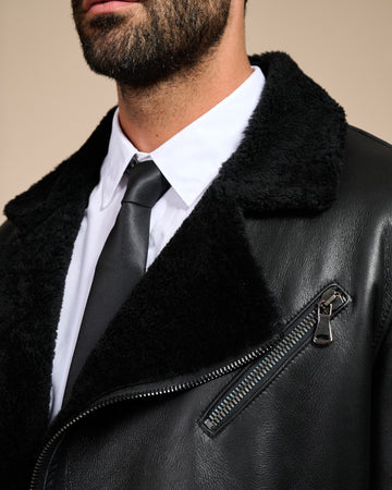 Chiodo Alberto - Chiodo Uomo Nero in Vero Montone Shearling con Pelo Nero