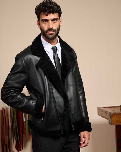 Chiodo Alberto - Chiodo Uomo Nero in Vero Montone Shearling con Pelo Nero