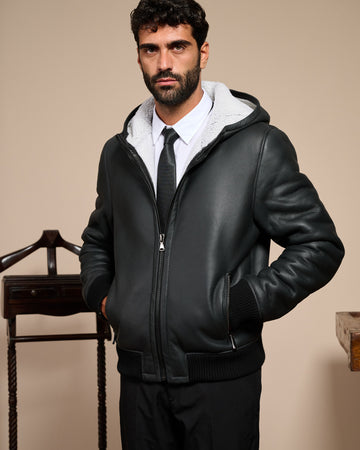 Carlo - Bomber Uomo in Shearling Nero con Cappuccio