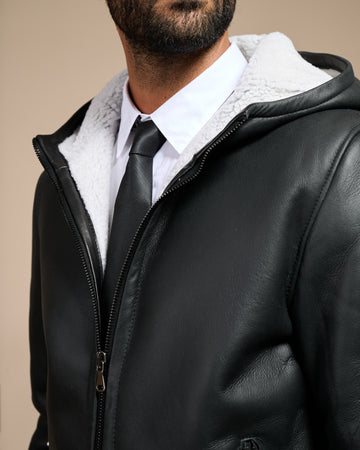 Carlo - Bomber Uomo in Shearling Nero con Cappuccio