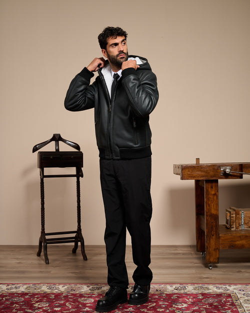 Carlo - Bomber Uomo in Shearling Nero con Cappuccio