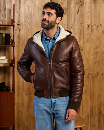 Carlo - Bomber Uomo in Shearling Marrone con Cappuccio