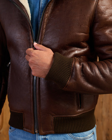 Carlo - Bomber Uomo in Shearling Marrone con Cappuccio