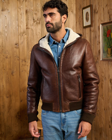 Carlo - Bomber Uomo in Shearling Marrone con Cappuccio