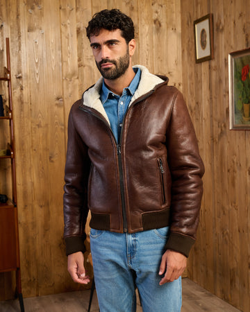 Carlo - Bomber Uomo in Shearling Marrone con Cappuccio