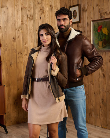 Carlo - Bomber Uomo in Shearling Marrone con Cappuccio