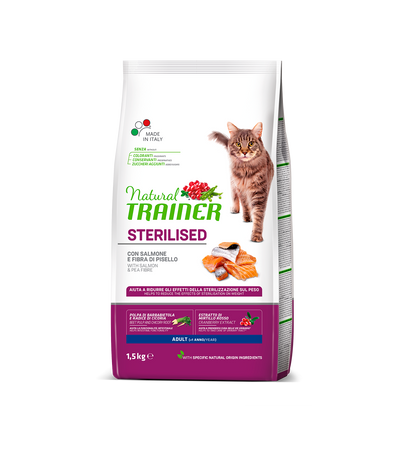 Natural Trainer Sterilised mangime secco Gatti Adult salmone e fibra di pisello