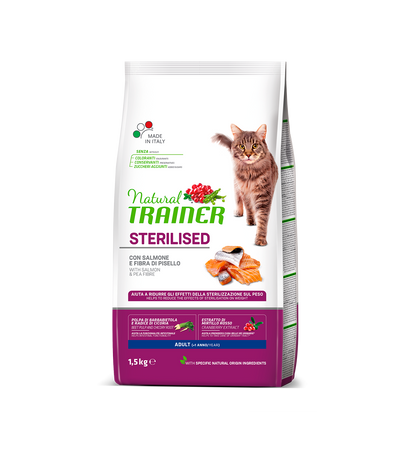 Natural Trainer Sterilised mangime secco Gatti Adult salmone e fibra di pisello
