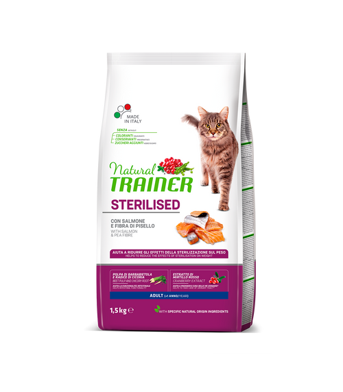 Natural Trainer Sterilised mangime secco Gatti Adult salmone e fibra di pisello