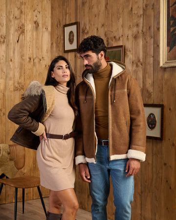 James - Giacca Uomo Cuoio in vero montone Shearling con Cappuccio