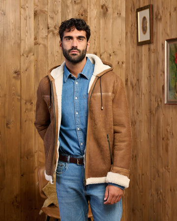 James - Giacca Uomo Cuoio in vero montone Shearling con Cappuccio
