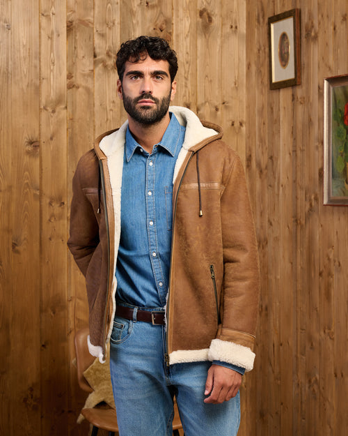 James - Giacca Uomo Cuoio in vero montone Shearling con Cappuccio