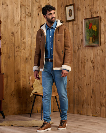 James - Giacca Uomo Cuoio in vero montone Shearling con Cappuccio