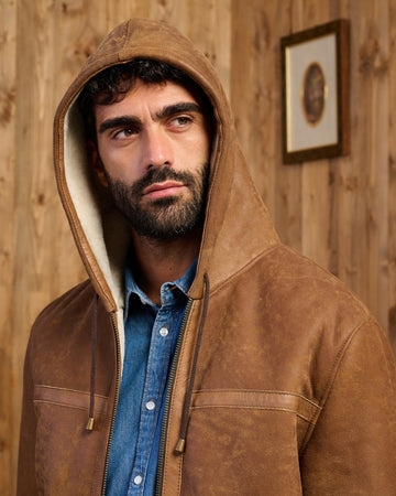James - Giacca Uomo Cuoio in vero montone Shearling con Cappuccio