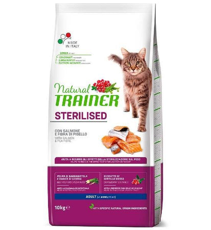 Natural Trainer Sterilised mangime secco Gatti Adult salmone e fibra di pisello
