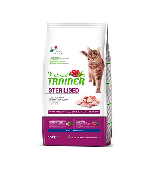 Natural Trainer Sterilised mangime secco Gatti Adult tacchino e fibra di pisello