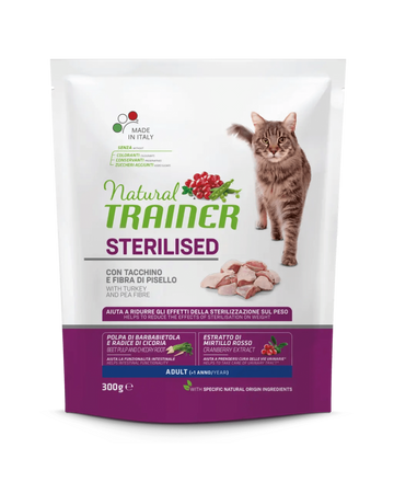 Natural Trainer Sterilised mangime secco Gatti Adult tacchino e fibra di pisello