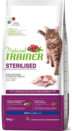Natural Trainer Sterilised mangime secco Gatti Adult tacchino e fibra di pisello