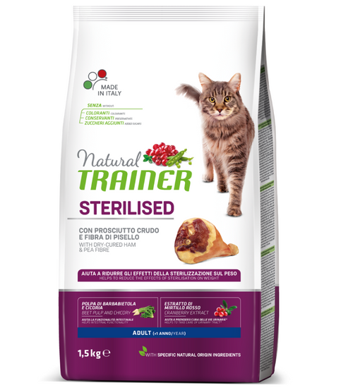 Natural Trainer Sterilised mangime secco Gatti Adult prosciutto crudo e fibra di pisello