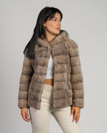 Martina - Giacca Donna Beige in vera pelliccia di Visone con Cappuccio
