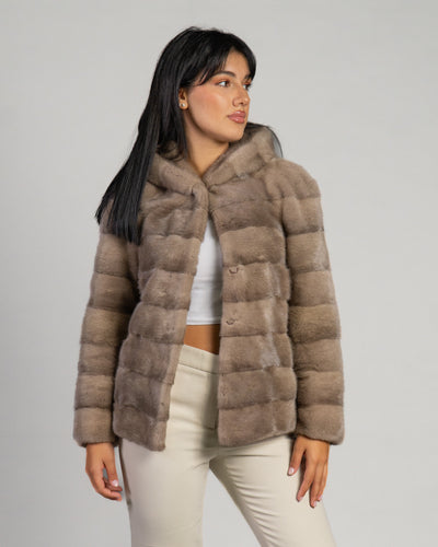 Martina - Giacca Donna Beige in vera pelliccia di Visone con Cappuccio